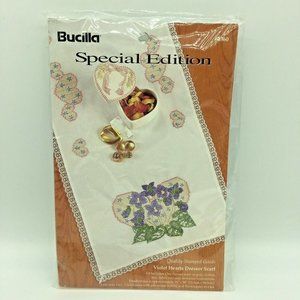 Bucilla 64560 VIOLET HEARTS Dresser Scarf 15x39" Stamped Linens Embroidery Kit